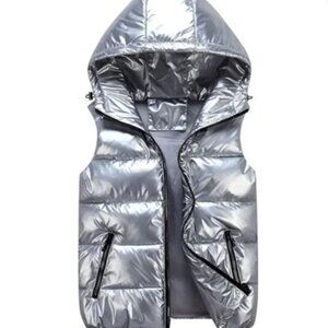 Silver Metallic Hooded Puffer Vest XL